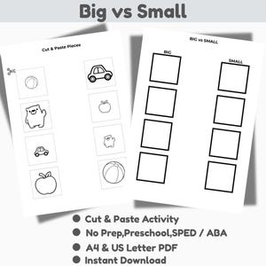 Puede incluir: Dos hojas de papel blancas con el texto "Big vs Small" y "Cut & Paste Pieces". Una hoja tiene imágenes de una pelota, un coche, un oso, una manzana y una pelota. La otra hoja tiene casillas etiquetadas como "Big" y "Small". También se ve el texto "Cut & Paste Activity".