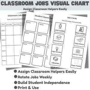 May include: A classroom jobs visual chart with the text "Assign Classroom Helpers Easily." The chart includes a job rotation chart, student name cards, and job cards with illustrations. The bottom of the chart lists the benefits of the chart.