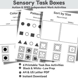 Może przedstawiać: Zestaw czarno-białych, drukowanych pudełek z zadaniami sensorycznymi do niezależnych zajęć dla osób z autyzmem i SPED. Pudełka zawierają zadania sortowania według koloru, wzoru i rozmiaru. Obraz zawiera również tekst "6 drukowanych aktywności w pudełkach z zadaniami".