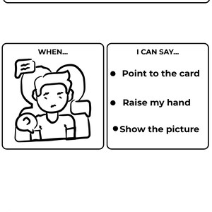 Pu&ograve; includere: Illustrazione in bianco e nero con il testo "Opzione non verbale" e "Se non posso dirlo, posso...". L'immagine mostra una persona con fumetti e opzioni: Indica la carta, Alza la mano e Mostra l'immagine.