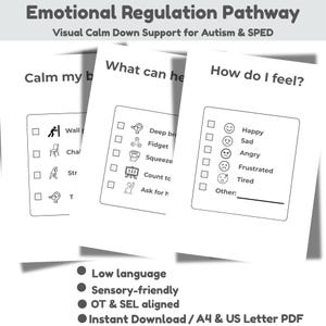 May include: Three white pages with the text "Emotional Regulation Pathway" and "Visual Calm Down Support for Autism & SPED". The pages include checklists with phrases like "Calm my body", "What can help?", and "How do I feel?" with corresponding illustrations.