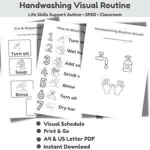 Handwashing Visual Schedule,Life Skills Routine Printable for Autism & SPED,Wash Hands Steps Poster, Sequence Cards, Bathroom Visual Support