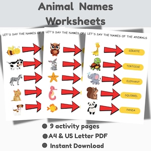 Tierbilder und Namen Arbeitsblätter PDF, 9-seitige druckbare Lernaktivität für Kinder 3-8, Wortschatz, visueller Erkennungsspaß