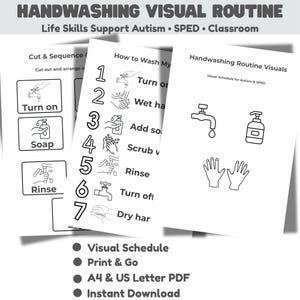 Handwashing Visual Schedule,Life Skills Routine Printable for Autism & SPED,Wash Hands Steps Poster, Sequence Cards, Bathroom Visual Support