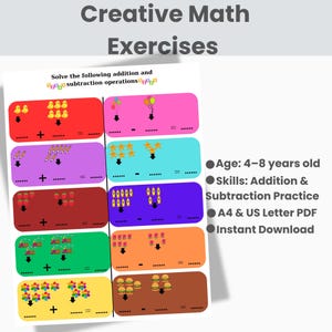 足し算と引き算の楽しいボックス PDF、4～7歳の子供向けの算数アクティビティ印刷可能、実践学習、ホームスクールと教室での楽しみ