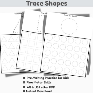 Może przedstawiać: Białe arkusze papieru z czarnymi konturami kształtów do śledzenia. Arkusze zawierają trójkąty, kwadraty i okręgi. Tekst "Trace Shapes" znajduje się na górze. Dodatkowy tekst zawiera "Pre-Writing Practice for Kids" i "Fine Motor Skills".