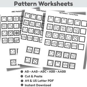 May include: Black and white pattern worksheets with various patterns, including ABC, AAB, and AB patterns. The worksheets feature images of fruits, animals, and vehicles. The text "Pattern Worksheets" is at the top.