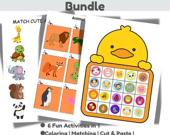 Mega Animal-activiteitenbundel, werkbladen schattige dieren, kleurplaten, bijpassende games, afdrukbare pdf voor peuters en kleuters, digitale download