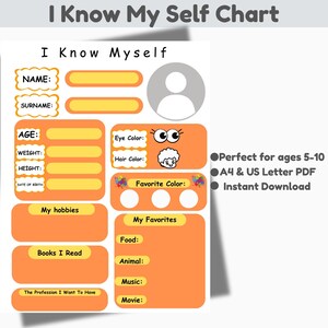 Getting to Know Myself Chart PDF – Self-Awareness Activity for Kids 5-10, Emotional Intelligence, Printable Reflection & Growth Worksheet