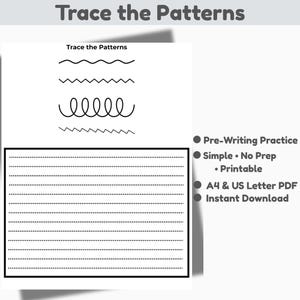 Op de afbeelding: Een witte, bedrukbare werkblad met de tekst "Trace the Patterns" bovenaan. Het werkblad bevat oefenlijnen en patronen voor pre-schrijfoefeningen. Extra tekst is "Simple • No Prep • Printable • A4 & US Letter PDF • Instant Download."