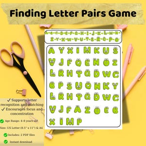 Juego de emparejamiento de letras (PDF), actividad de pares de letras para niños, práctica de alfabetización imprimible, reconocimiento de letras para preescolares