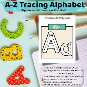 Printable A–Z Tracing Alphabet Worksheets,Uppercase &Lowercase Letter Practice,Preschool Kindergarten Handwriting PDF