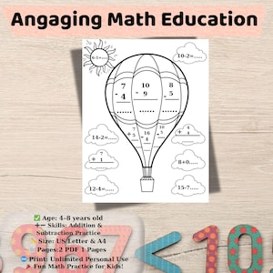 Hot Air Balloon Math Coloring Page,Addition & Subtraction Worksheet,Printable PDF for Kids Ages 5-8