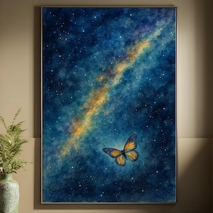 Poster con farfalla nella Via Lattea – Stampa murale con galassia ad acquerello – Stampa della natura celeste per camera da letto, sala di meditazione o regalo