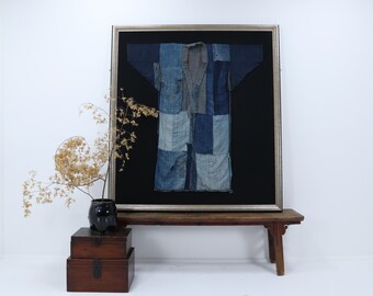 Meiji Period Japanese Indigo Framed Boro Kimono (25)