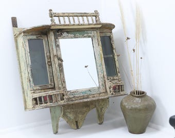 19th Century Yellow Painted Hand-carved Mirrored Indian Cabinet