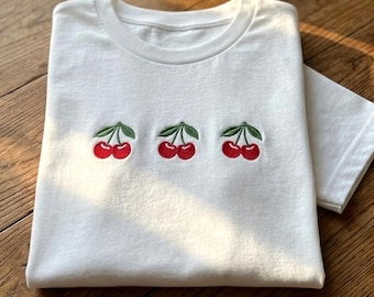 Cute Cherry Embroidered T-shirt, Coquette Cherry Trio Aesthetic Tee, Vintage Fruit Summer Gift, Minimalist Botanical White Cotton Girl Top