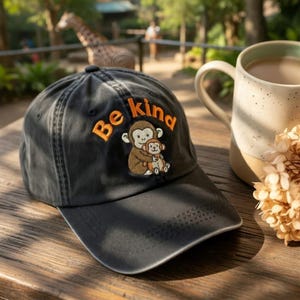 May include: A black baseball cap with the embroidered phrase "Be kind" in orange lettering. The cap features an embroidered image of two monkeys hugging. The hat is sitting on a wooden surface.