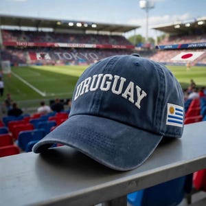 May include: A navy blue baseball cap with the word "URUGUAY" embroidered in white across the front. The cap features a small Uruguayan flag patch on the side. The background shows a stadium with the word "TOKYO" visible.