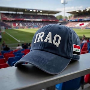 May include: Navy blue baseball cap with the word "IRAQ" in white block letters. The cap features the Iraqi flag on the side. The background shows a stadium with "TOKYO 2021" signage.