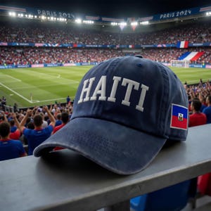May include: A navy blue baseball cap with the word "HAITI" embroidered in white. The cap features a small Haitian flag patch on the side. The background shows a stadium filled with spectators.