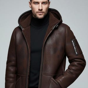 Handmade Shearling Long Coat: Dark Brown Sheepskin Leather Hooded Jacket