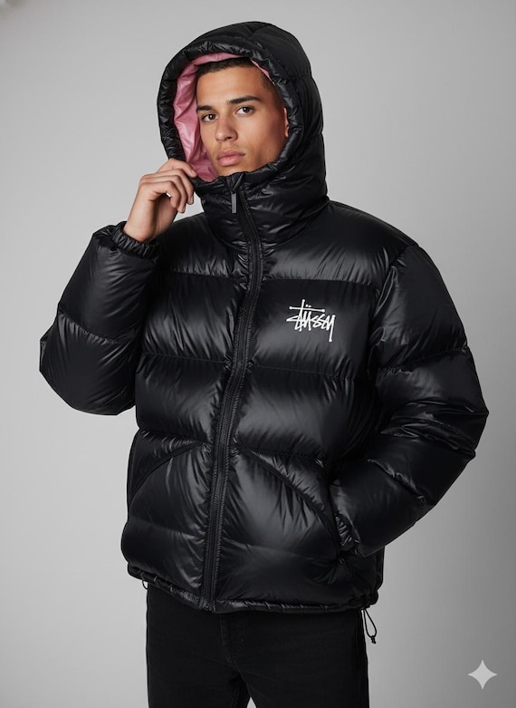 Unisex Handmade Black Stussy Puffer Jacket | Stussy Inspired