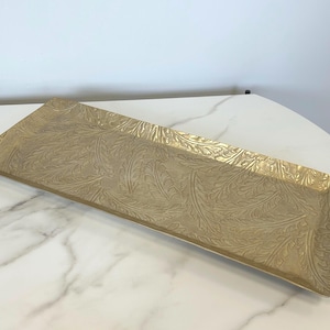 Rectangular Gold Metal Decorative Tray with Embossed Leaf Design