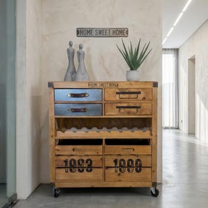 Industrial Wine Cabinet with Storage – Rustic Wooden Bar Trolley, Rack Unit with Drawers & Wheels