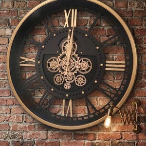 Industrial Round Wall Clock, Gold & Black with Moving Gears Home Decor with Roman Numeral