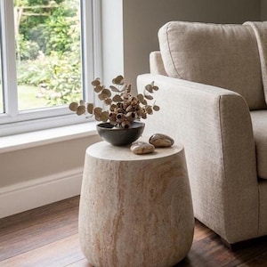 Natural Stone Effect Side Table - Round Organic End Table - Living Room Accent Furniture