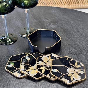 Luxury Black & Gold Floral Coasters with Holder - Set of 4 – Elegant Hexagonal Drink Mats for Stylish Home Decor