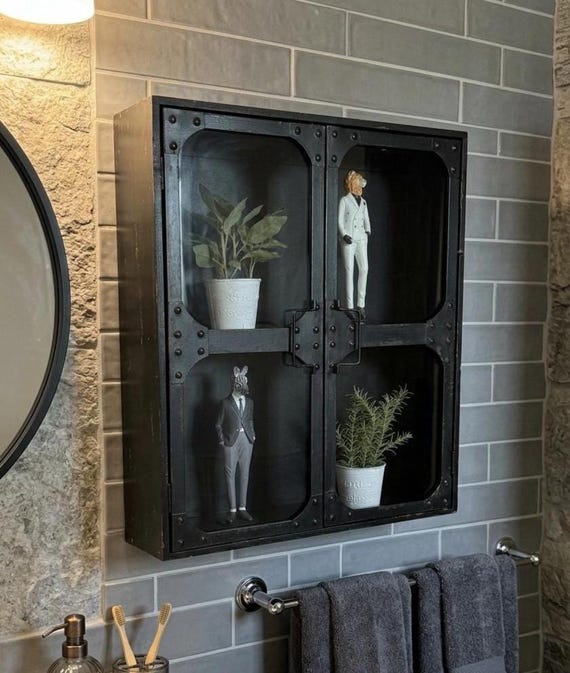 Industrial Wall Cabinet, Distressed Black Metal & Wood with Glass Door Cupboard, Wall Mounted Storage