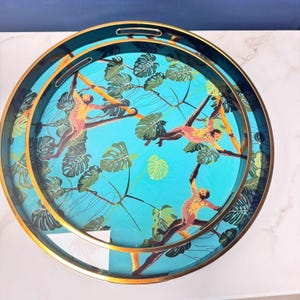 Decorative Round Tray, Jungle themed In Teal & Gold, Coffee Table Decor