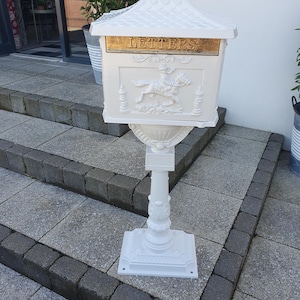 White Ornate Outdoor Post Box – Tall Lockable Metal Mailbox for Garden or Porch with Keys & Elegant Vintage Design (116cm) type 1