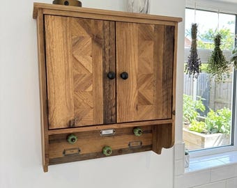 Rustic Wall Shelving Cabinet, Natural Wood 2 Door Storage Unit with 3 Hooks, Farmhouse Style Decor