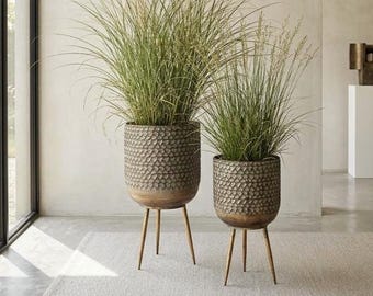 Set of 2 Bronze Planters, Rustic Metal Plant Stands