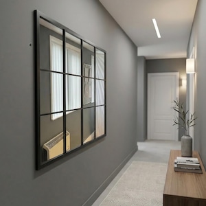 Black Window Wall Mirror, Large Rectangular Grid Panel Industrial Metal Frame Decor