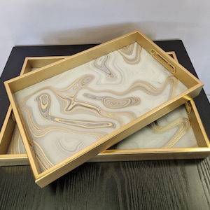 Luxury Gold & White Swirl Rectangular Tray Set – Elegant Decorative Serving, Display Trays for Coffee Table or Home Décor