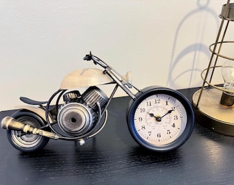 Motorcycle Table Clock, Industrial Chopper Mantel Decor, Metal Bike Clock