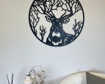 Hirschkopf-Metallwand-Kunst - schwarzes Metall-rustikales Innen- oder Außendekor (80 cm)