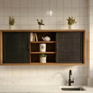 Industrial Wall Cabinet – Natural Wood & Grey Metal Wall Shelving Unit with Sliding Doors, Display Storage Unit