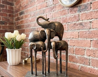 Bronze Elephants Sculpture, Family & Togetherness Symbol Ornament, Good Fortune Wealth Home Decor