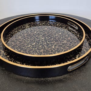 Bold Leopard Print Black & Gold Round Tray Set – Decorative Bar Cart And Coffee Table Styling Trays - Set of 2