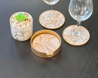 White Marble Drinks Coasters, Set of 4 with Gold Holder