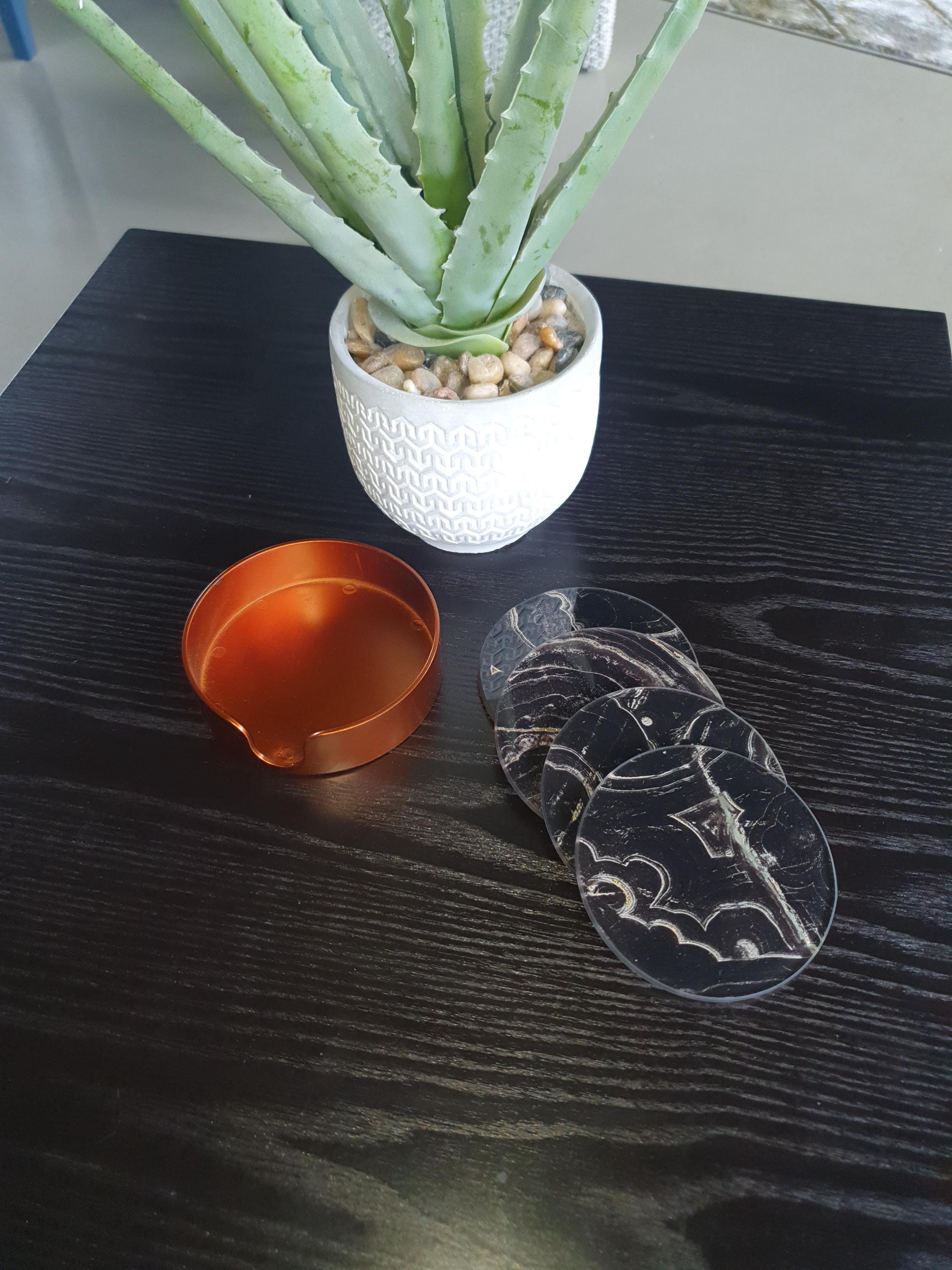 Lot De 4 Sous-verres Vintage En Marbre Noir - Ronds Antidérapants - Déco Rétro