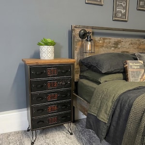 Industrial Bedside Table - 5 Drawers -  Black Metal & Wood Nightstand