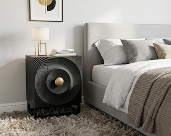 Moderner Nachttisch, Schwarzes Mangoholz, Goldrunder Schubladenschrank Metall Nachttisch