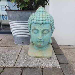 Distressed Green & Blue Buddha Head Sculpture – Large Outdoor Garden Ornament for Zen + Meditation Spaces (50cm)