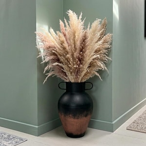 Large Rustic Floor Vase Black Terracotta Metal Pampas Grass Statement Urn